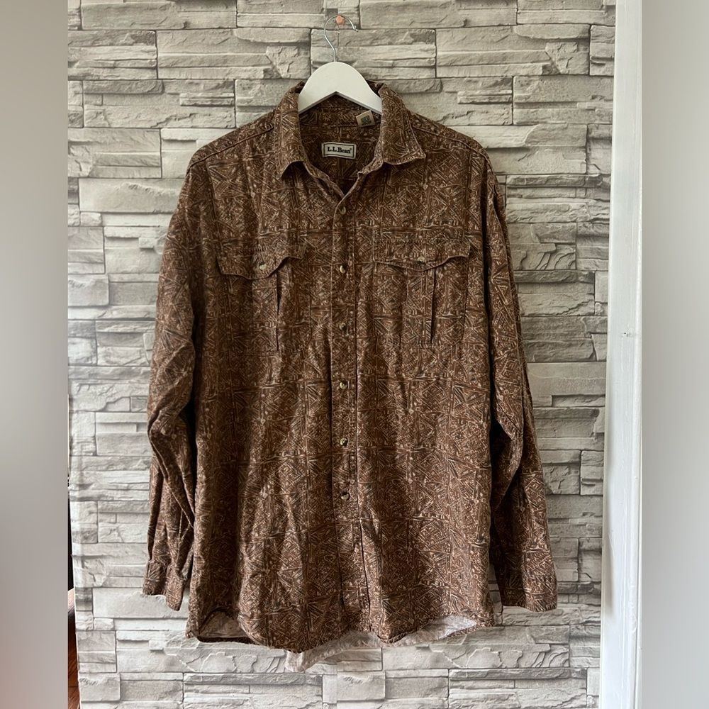 L.L.Bean || Men’s Brown Abstract Tile Western Large TALL Grandpa Button Up Shirt